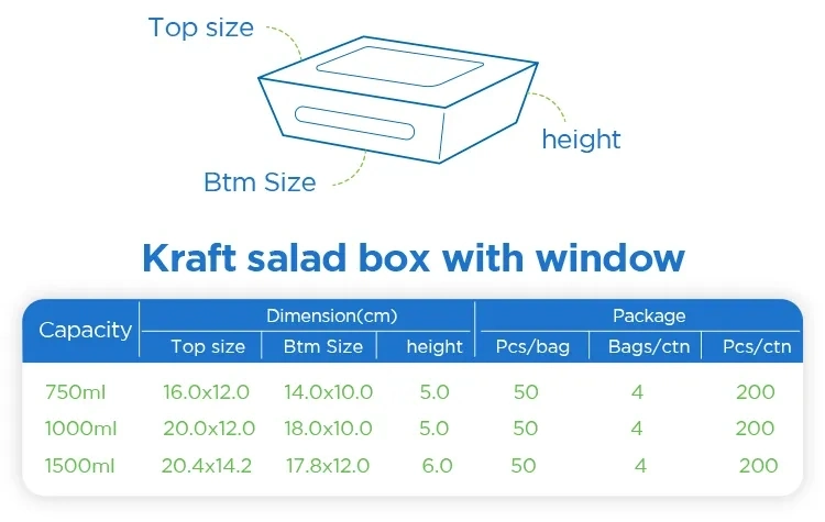 Sunkea Disposable Food Packaging Kraft Paper Salad Box with Clear Anti Fog Pet Window for Sushi and Salad