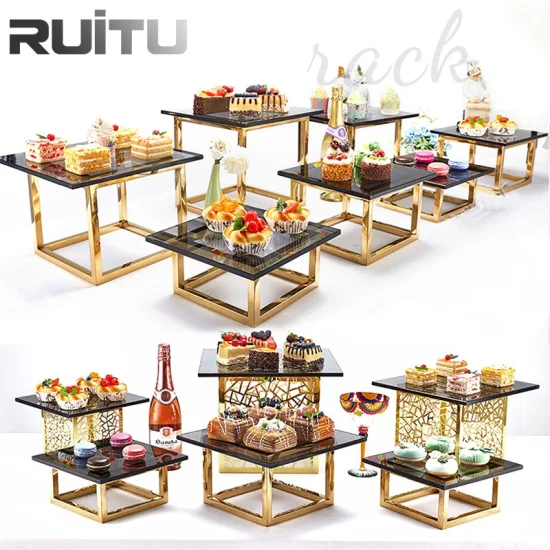 Catering Buffet Item Cake Decorator Mirror Cube Square Riser Frame Rack for Tiers Buffet Serving Platter Glass Gold Table Food Cupcake Dessert Display Stand